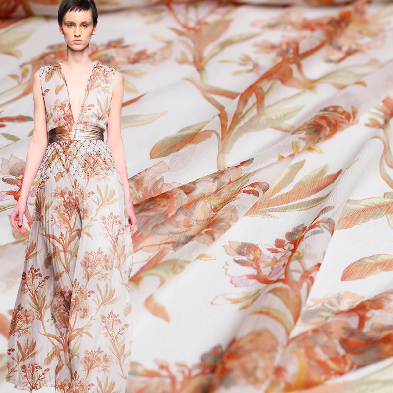 Перламутровое шелковое оранжевое шифоновое платье с цветочным принтом 100%