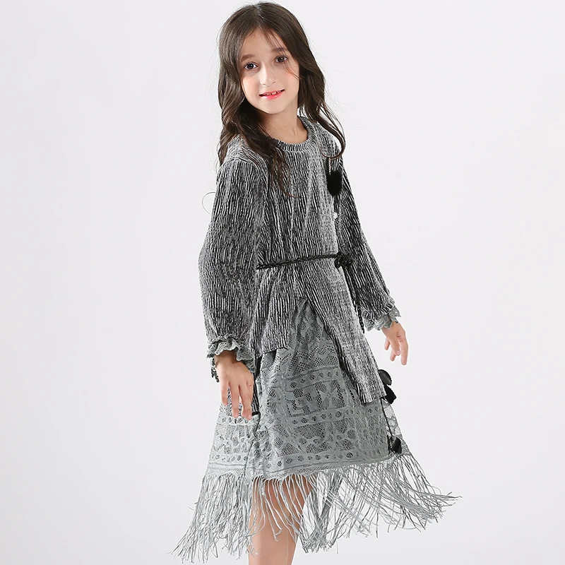 Вечернее платье для девочек длинное стильное блестящее бархатное с кисточками и