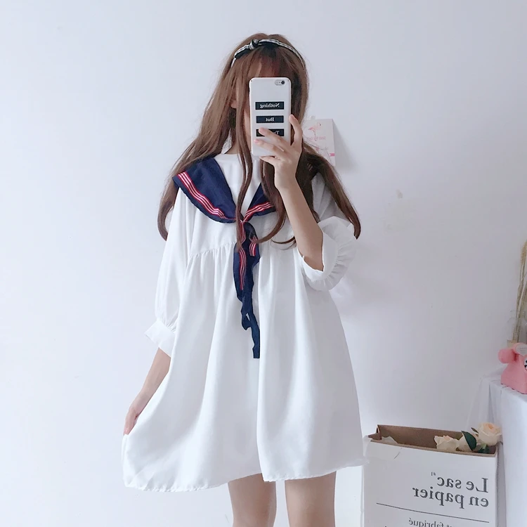 Japanese Dress Academy Sweet Girl Loose Lap top Slim Student Sailor Collar | Женская одежда