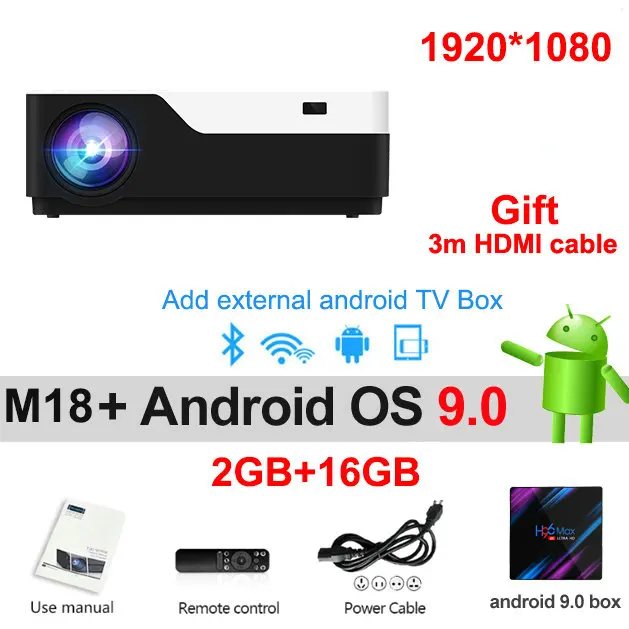 m18 add android 9.0 Vivicine M18 Full HD светодиодный проектор, дополнительно Android 9,0 HDMI USB PC 1080p домашний мультимедийный видеопроектор - Цвет: m18 add android 9.0