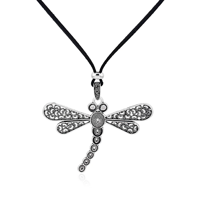 

1Pc Tibetan Silver Large Filigree Dragonfly Insect Pendant Necklace Long Faux Suede Velvet Leather Cord Necklace Jewelry