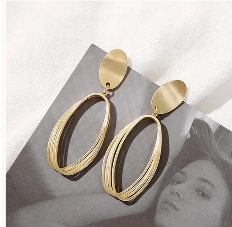 South Korea Cool Temperament Matte Metal Geometry Oval Earrings Fashion Women Earring Long Eardrop Tide Joker Atmosphere