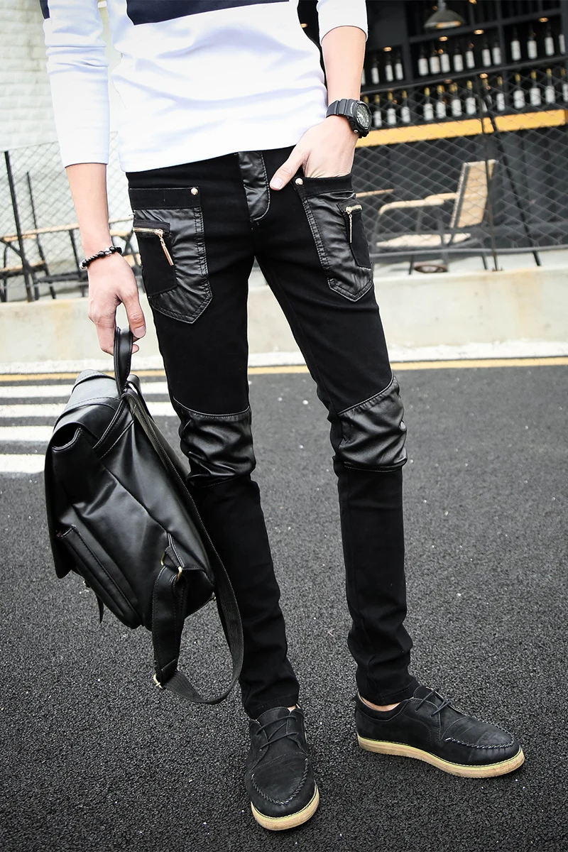 Корейские крутые обтягивающие кожаные джинсы мужские узкие брюки на молнии 28 29 30