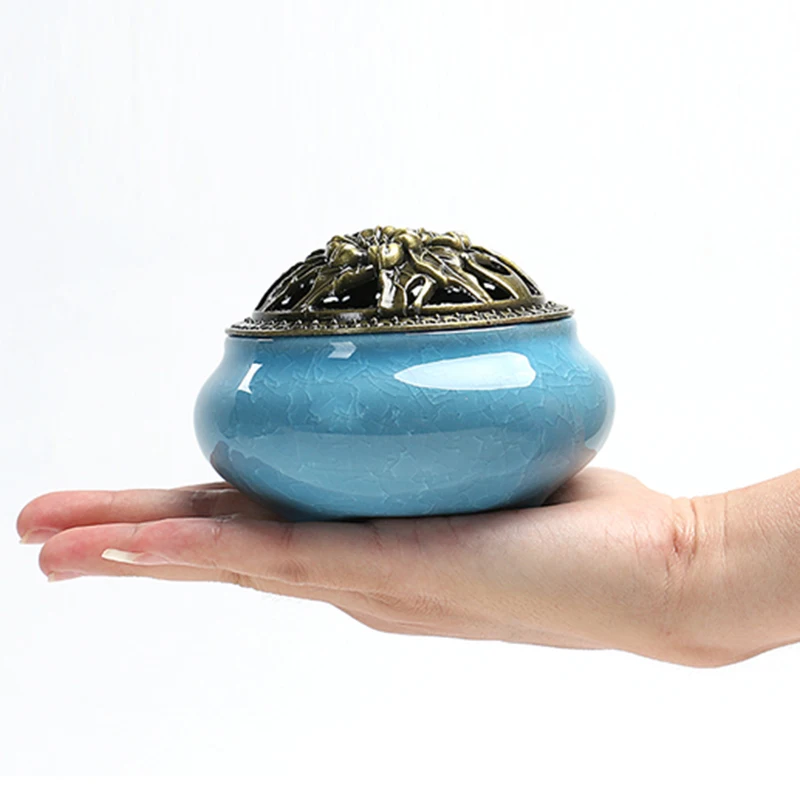 Керамическая горелка для благовоний Celadon с медным покрытием Будда античной