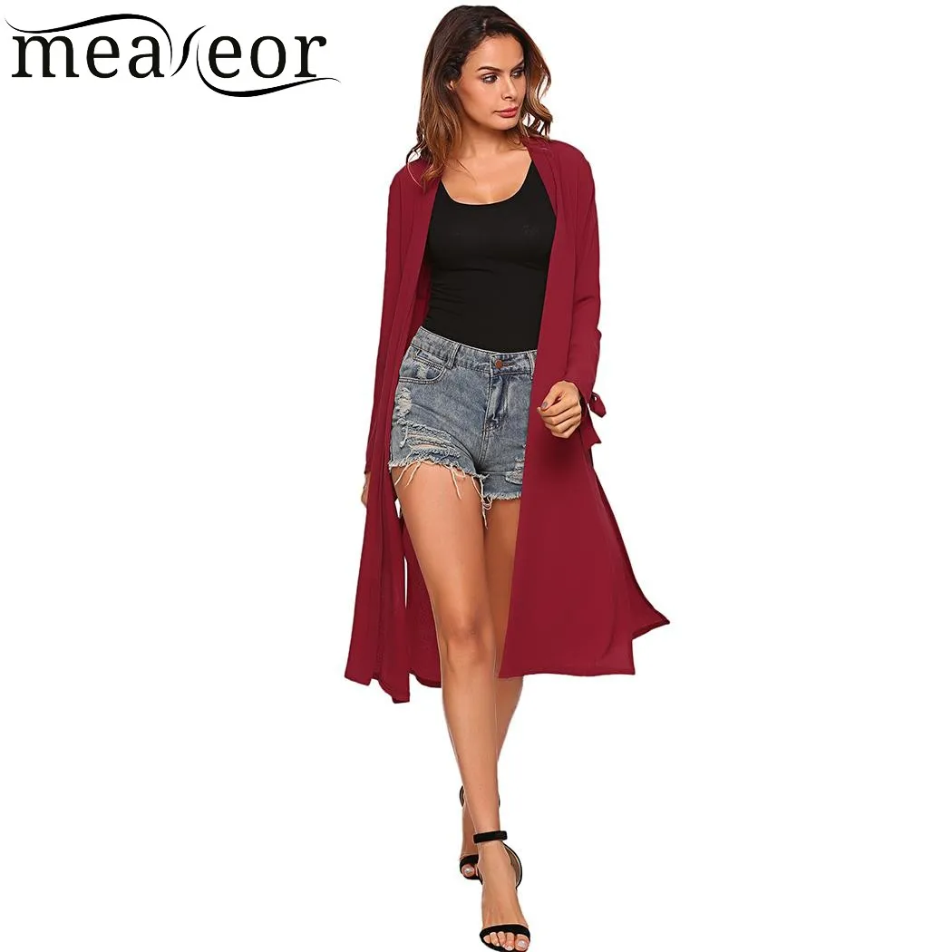 Meaneor женский длинный кардиган тонкий открытый передний разрез подол осень