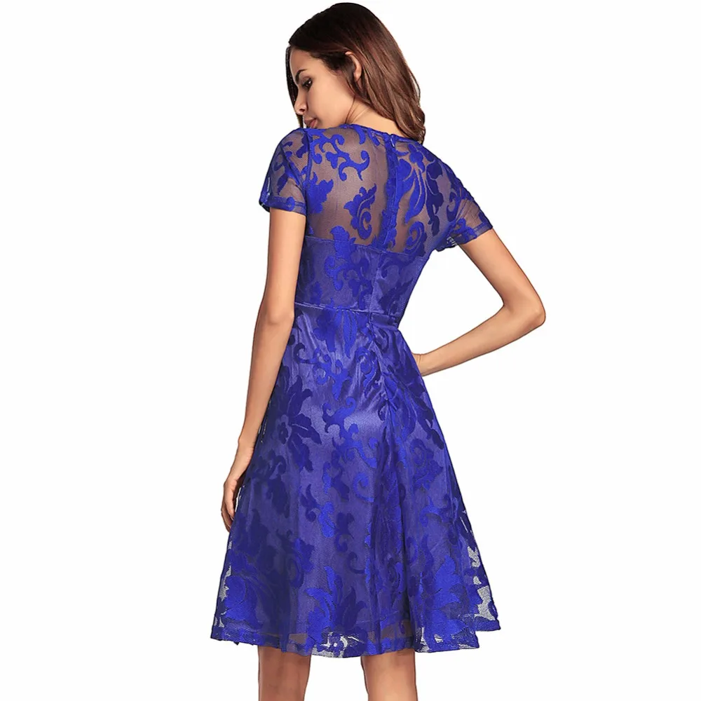 Gzgee Retro Sheer Lace Dress Female Sexy Women Pleated O Neck Short Sleeve High Waist Bandage Party Swing B1293 | Женская одежда