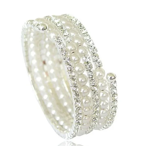 С серебряным покрытием 5 рядов ожерелье из жемчуга и украшенные стразами с