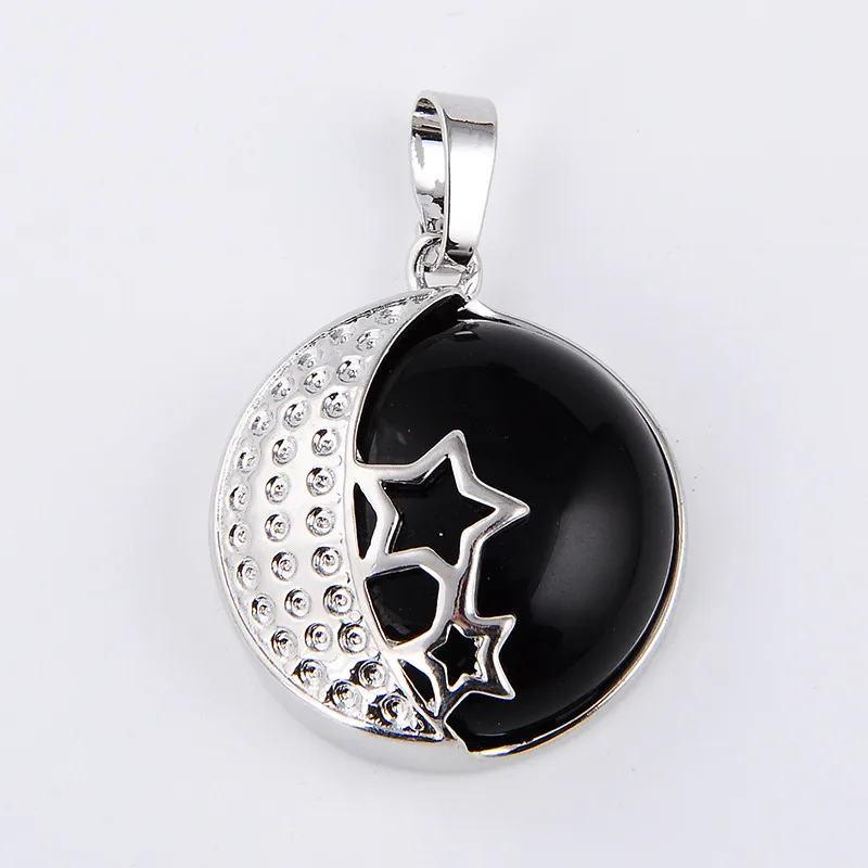 black agates Натуральный камень Lapis Tiger Turquoises опал розовый кварцевый кристалл Unakite Звезда Луна инкрустированный медный металлический полый диск подвеска-бусы - Окраска металла: black agates
