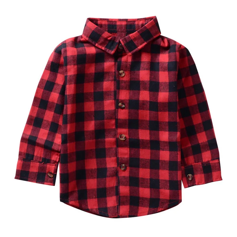 Shujin Kids Little Boys Girls Baby Letters Print Long Sleeve Button Down Red Plaid Flannel Shirt Spring Autumn New Fashion - Цвет: Red