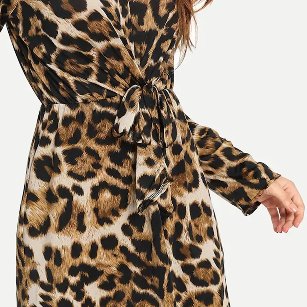 2018 Sexy Wrap V-neck Leopard Print Long Sleeve Knotted Backless Dress Bodycon Mini Vestidos De Fiesta | Тематическая одежда и