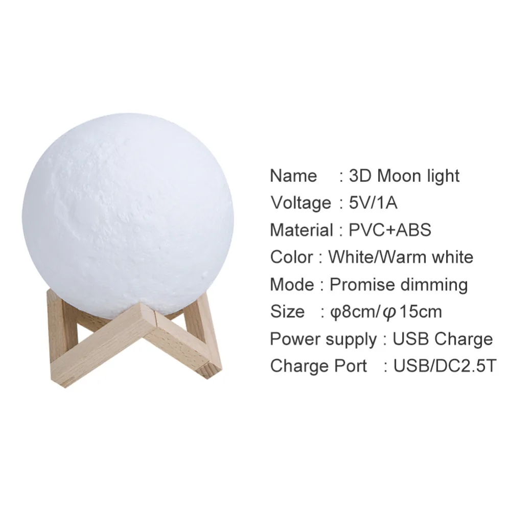 3D Print Moon LED Night Lights USB Powered Touch Control 2 Colors Temperature Desk Lamp Luminaria Light Creative Bookcase Decor
