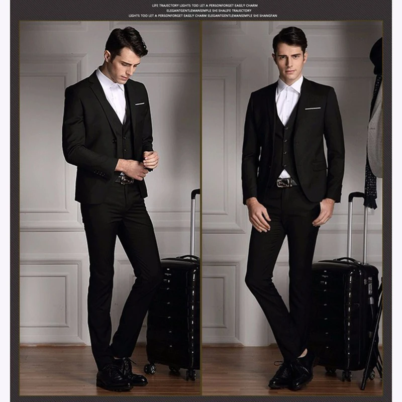 Новинка 2017 приталенный костюм Черные смокинги для жениха мужской Свадебный