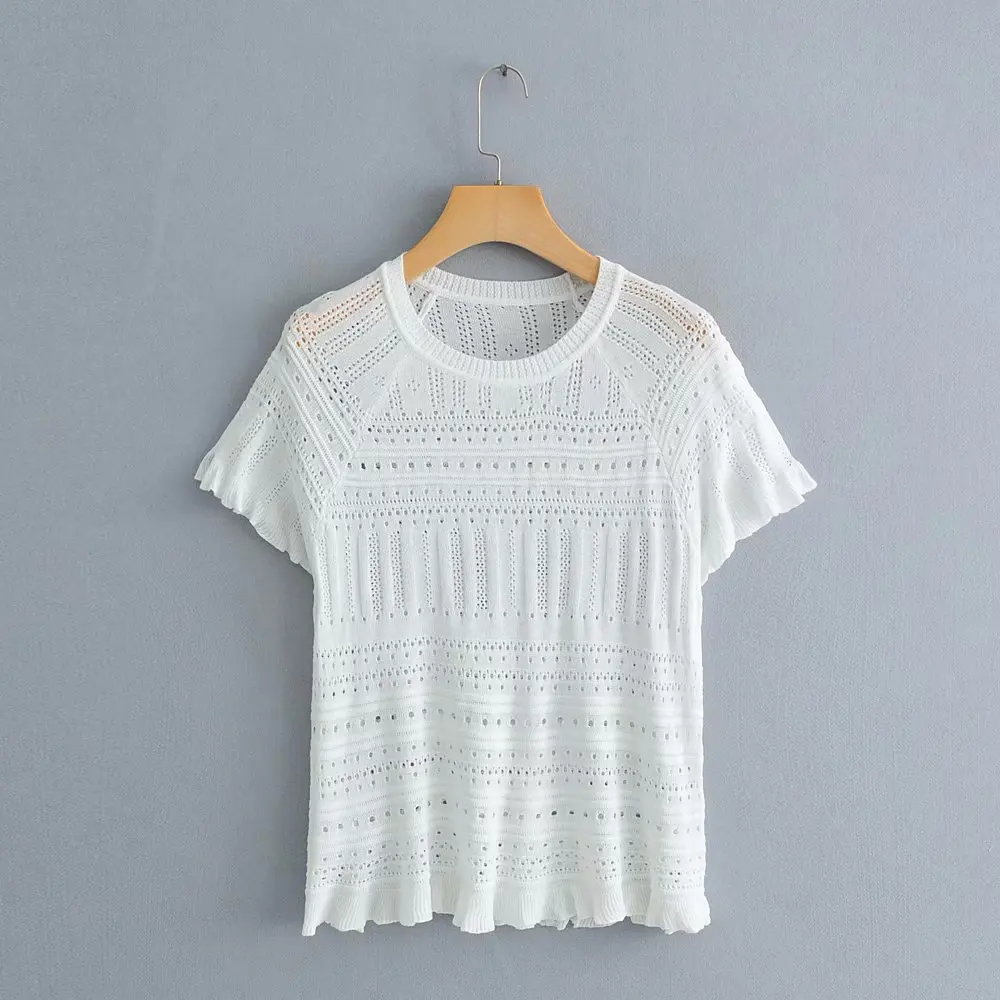 2019 women fashion black white color hollow out casual knitting blouse shirts ruffles chemise chic femininas tops |