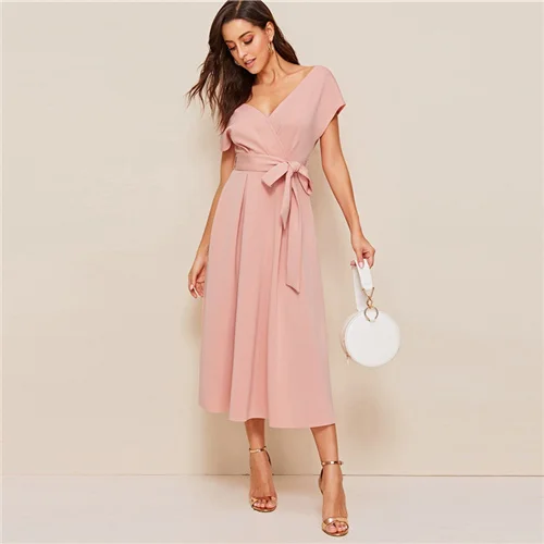 Pink Sheinside элегантное розовое платье с глубоким v-образным вырезом для женщин летнее платье с коротким рукавом на молнии сзади женское однотонное платье с высокой талией и поясом - Color: Pink