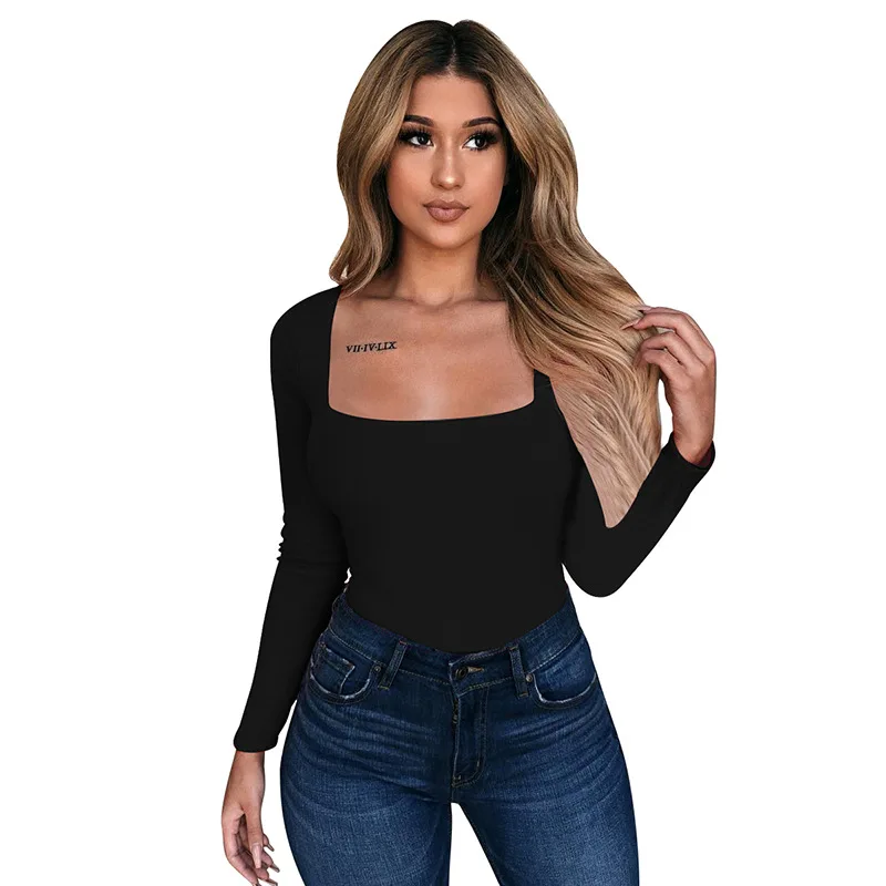 

Sexy Slim Fit Square Collar Shirts Tops 2019 Spring Women's Blouse Shirt Long Sleeve Ladies Pullover Shirt Casual Bottoming Top
