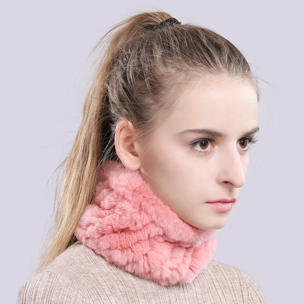 Women Real Fur Handmade Stretch Fur Scarf Knit Genuine Rex Rabbit Fur Headbands Girls Natural Fur Ring Cowl Snood Scarves Winter