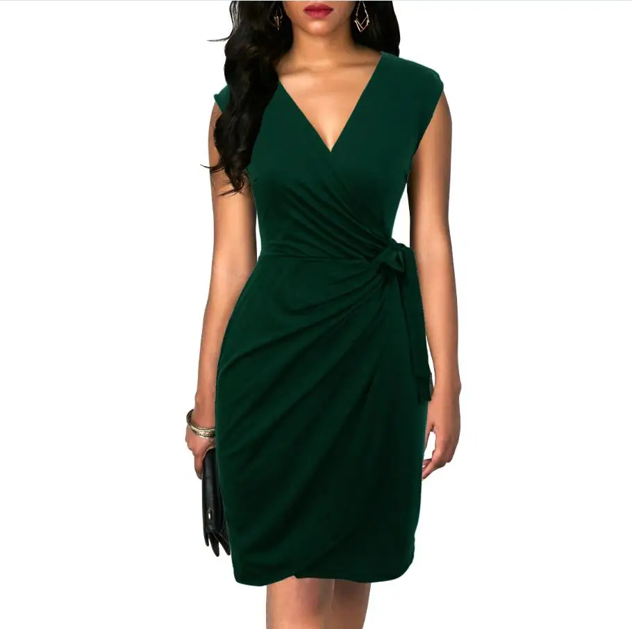 6028 Deep Green Berydress, винтажное женское платье, в горошек, с коротким рукавом, черное, с запахом, Vestidos, облегающее, облегающее, миди, летнее, Драпированное, вечерние, платье - Цвет: 6028 Deep Green