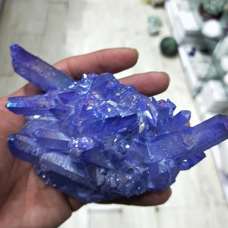 Аура кварцевый кристалл кластер синий натуральный Титан покрытие Драгоценный