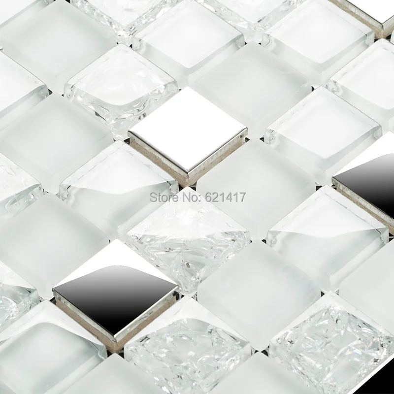

Квадратные белые и прозрачные ледяные кракелюрные стеклянные металлические мозаичные плитки из нержавеющей стали, кухонный фартук мозаик...