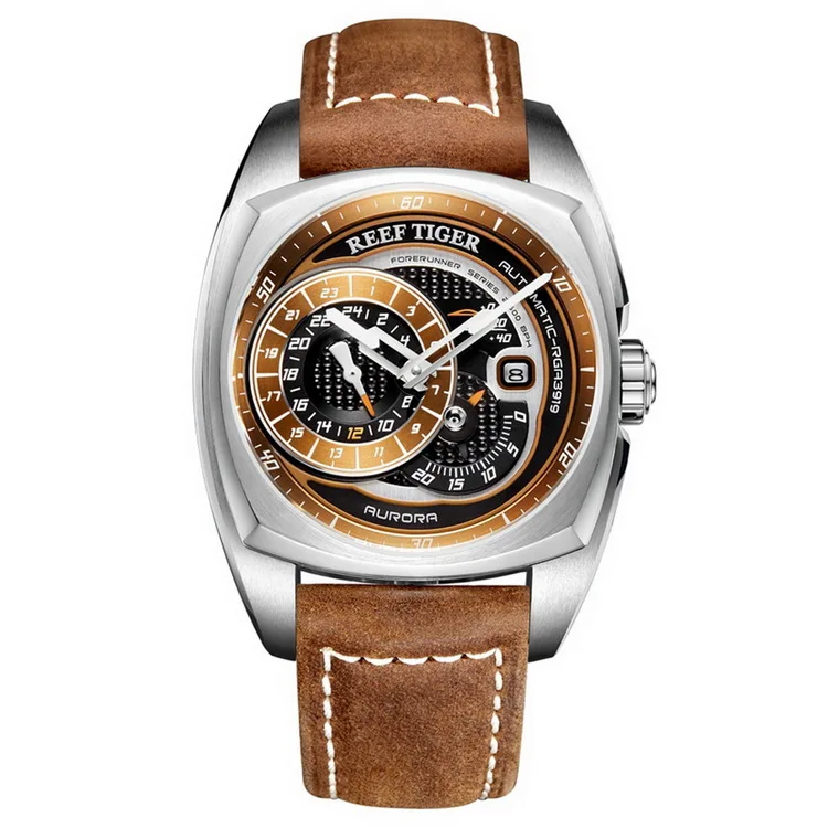 Reef Tiger RGA3319 модные спортивные часы из натуральной кожи ремешок мужские водонепроницаемые автоматические наручные часы Seld-wind-серебро