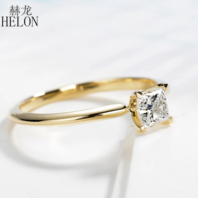 HELON 0.5ct Принцесса Cut F цвет Муассанит кольцо Твердое 14 К(AU585) желтое золото обручальное кольцо женские трендовые ювелирные изделия обручальное кольцо