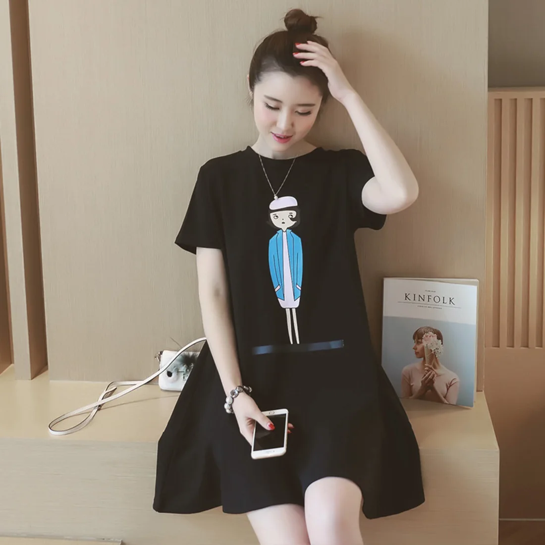 pink black Women Soft Casual New Summer Print Lady Figure Cartoon O-collar Korean Maternity Dress Pregnant woman Clothing |