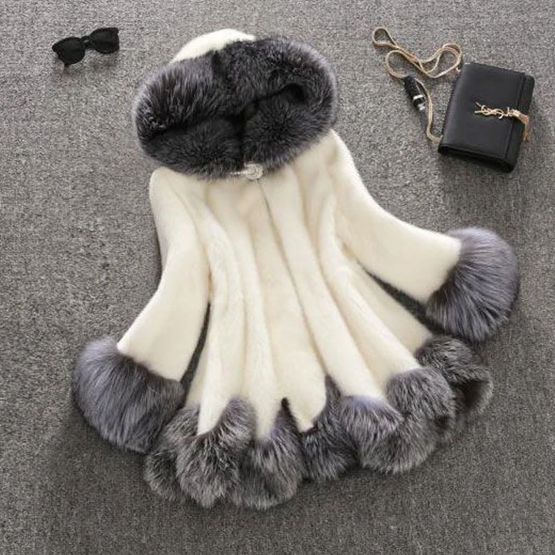 High Imitation Fur Coat Women Silver Fox Collar Hooded Mink Medium-long Overcoat Winter PC166 | Женская одежда