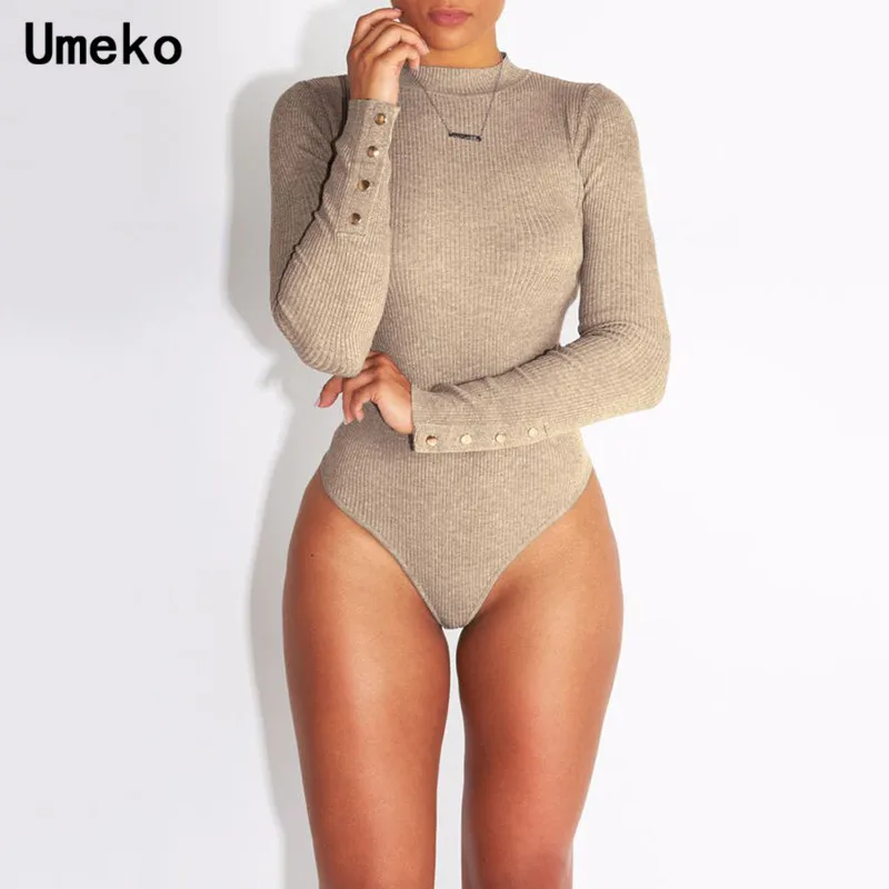 Umeko Rib трикотажный эластичный облегающий костюм женский сексуальный длинный рукав макет-шеи черный серый простой обтягивающий Детский комбинезон весна-осень боди