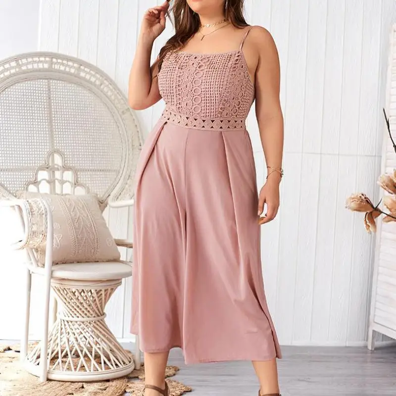 

Women Plus Size Sling Sleeveless Jumpsuits Solid Color Pink Sweet Wide Leg Long Summer Jumpsuit Loose Large Size Rompers 4xl