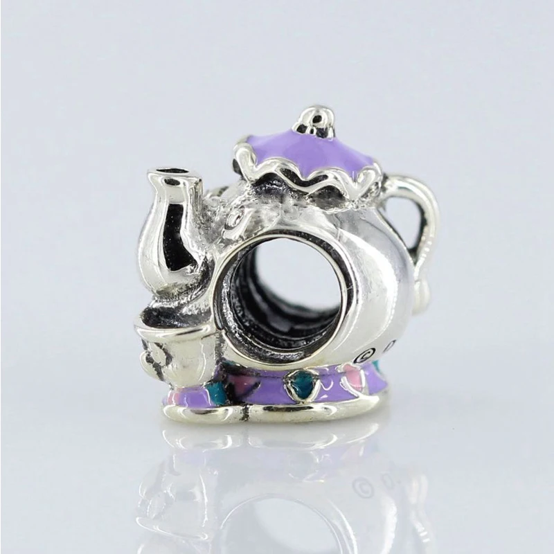 Fit Original Pandora Charms Bracelet Cartoon Purple Enamel Disny Traditions Mrs. Potts Smile Teapot Beads Women Jewelry Berloque