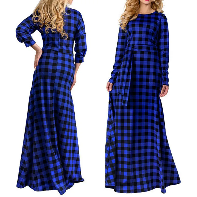 Rauen Herbst Rot/Blau клетчатые Boho Kleider Damen Langarm повседневные Mode Lange Макси Kleid вечерние Strand