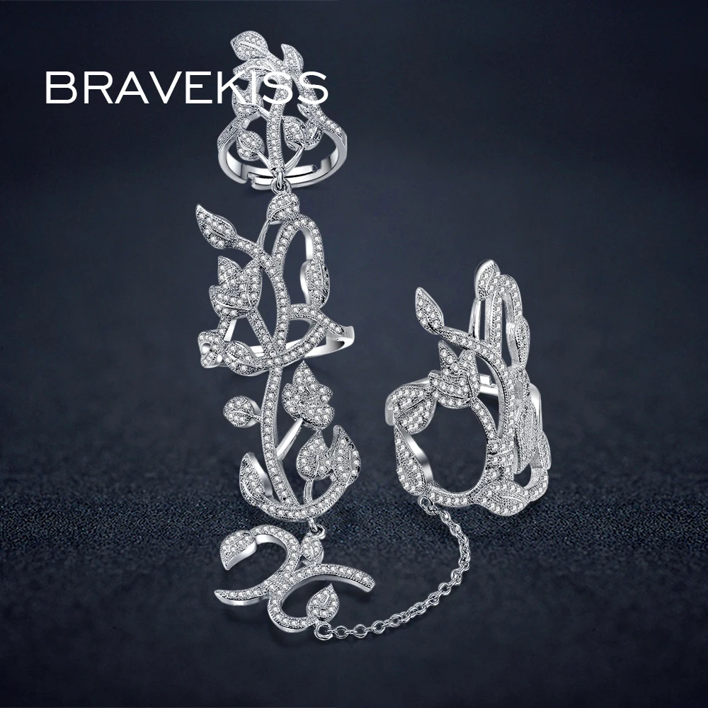 

BRAVEKISS delicate pave cz crystal double finger rings with chain lotus flower womens hollow rings anillos bague jewelry BUR0264