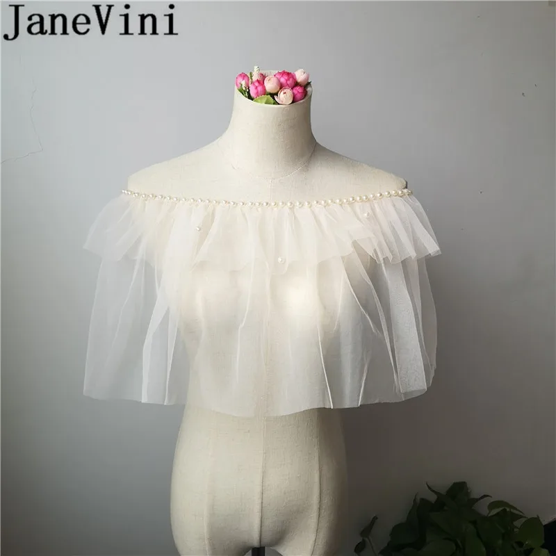 JaneVini/прозрачные тюлевые Свадебные накидки белого цвета, цвета шампанского, с жемчугом, женские летние болеро, болеро, Свадебная вечеринка, вечерняя шаль, обертывания, бруиды, Jas