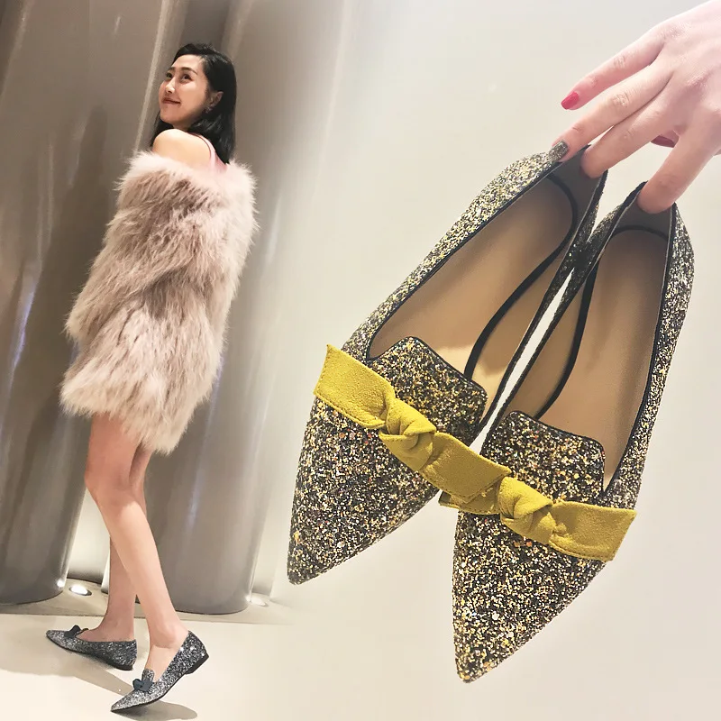 

Stylesowner 2020 Sweet Bowtie Shoe Pointed Toe Bling Sequins Slip on Spring Summer Shoe Silver Gold Black Flat All Match Sapatos