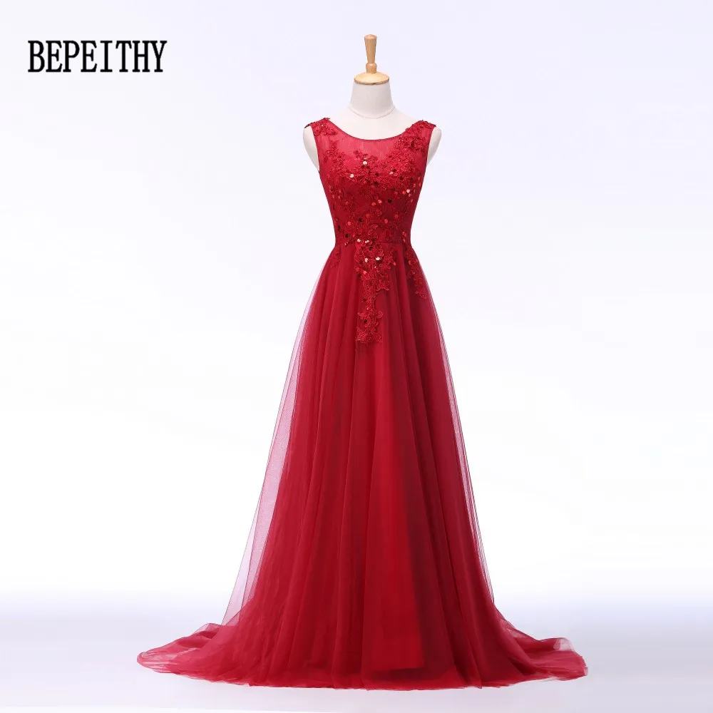 

BEPEITHY Vestidos De Festa New Arrival Scoop Lace Appliques Long Red Evening Dress Romantic Formal Dresses 2022 Custom Made