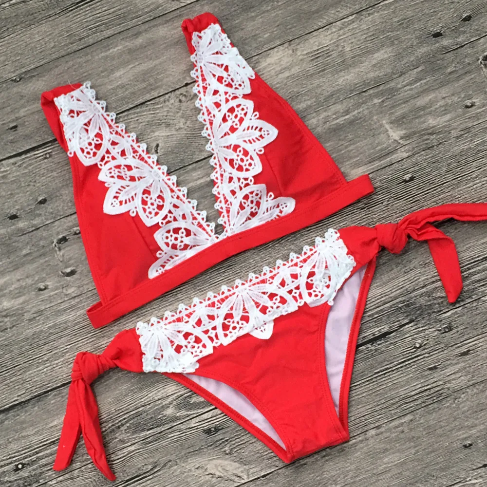 Misshow 2019 женские кружевные лоскутные красные купальники с бикини набор Maillot De Bain