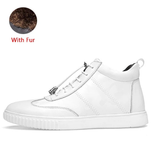 White with Fur JUNJARM/ мужские Ботильоны из натуральной кожи; зимние мужские ботинки с высоким берцем; теплые ботинки на плоской подошве; Мужская зимняя обувь; размеры 38-45 - Цвет: White with Fur
