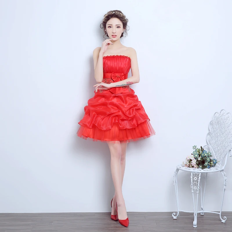 

Новое короткое платье невесты без бретелек с красным бантом, бальное платье принцессы для выпускного вечера, торжественное платье для встр...