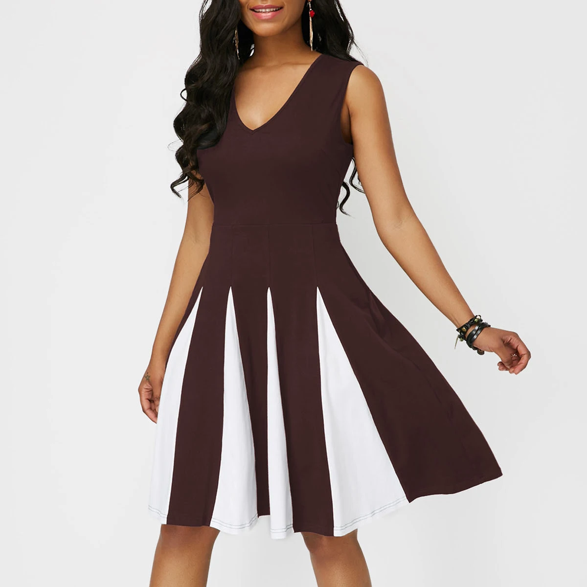 Коричневый Summer Dress Women Casual Plus Size Slim Black White Patchwork Color Dresses Elegant Sexy V Neck A Line Party Dress 5XL - Цвет: Коричневый