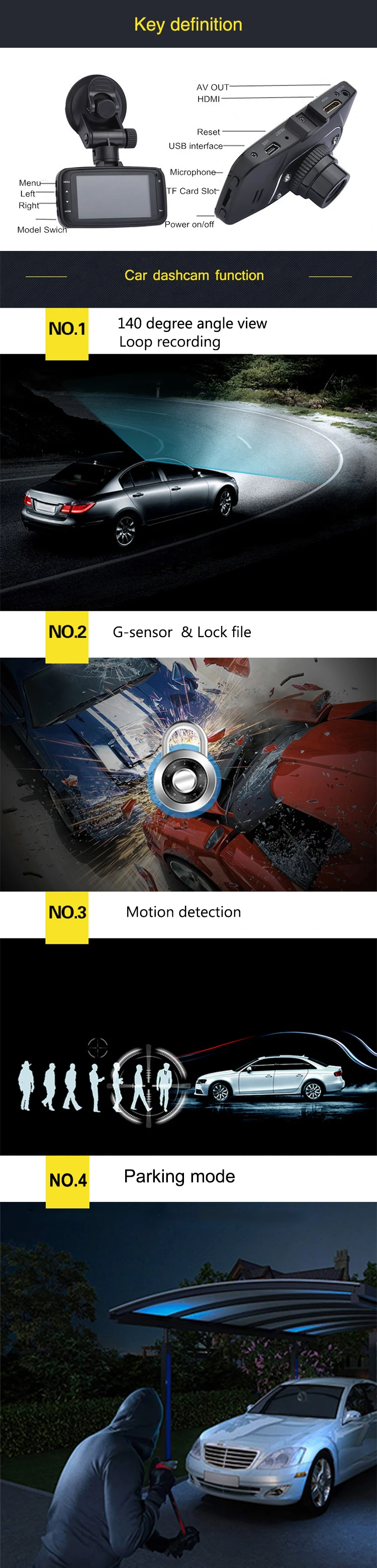 Автомобильный dashcam Ainina 2,7 дюйма 1080 p Видеорегистраторы для автомобилей приборной панели Камера, обнаружения движения, g-сенсор, простой парковка режим