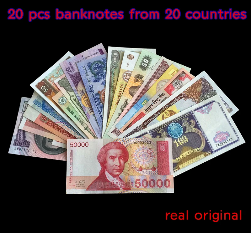 Случайный выбор 20 шт банкнот из стран мира оригинальные настоящие банкноты UNC