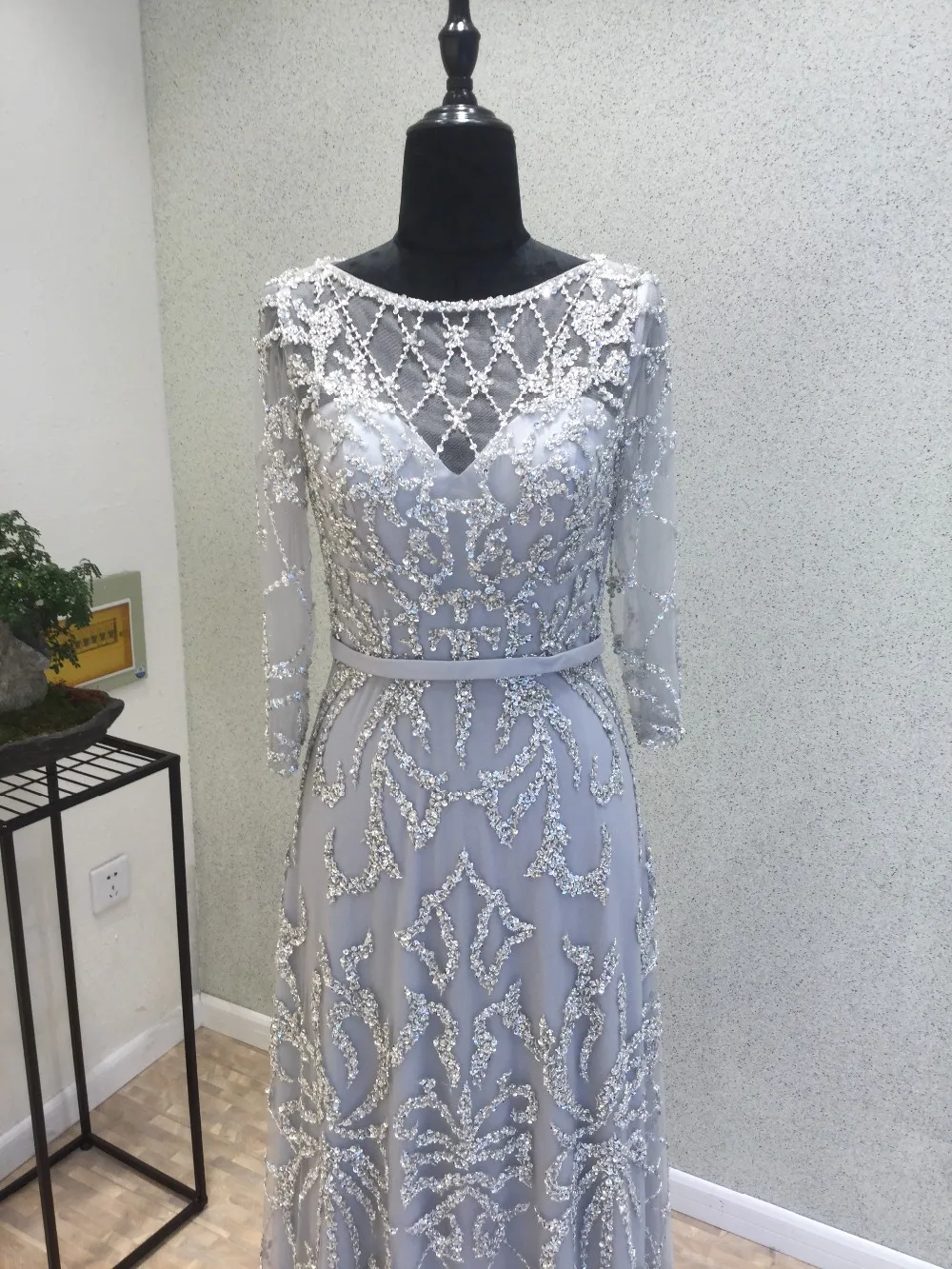 Vestido de festa/новое длинное вечернее платье, с глубоким вырезом, длинными рукавами, длиной до пола, Русалка, расшитое бисером с аппликацтей на выпускной, платья
