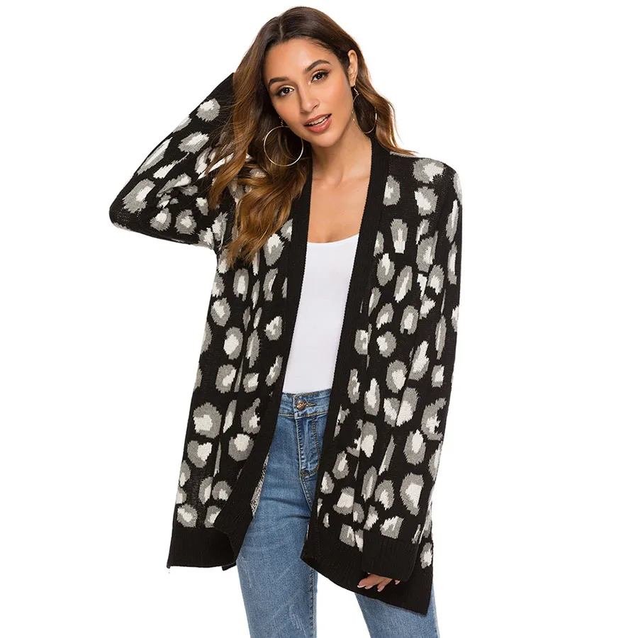 

Leopard Ribbed Cardigan Sweater Womens Fall Winter Long Sleeve Open Stitch Knitting Leopards Cardigans Coat Khaki Black