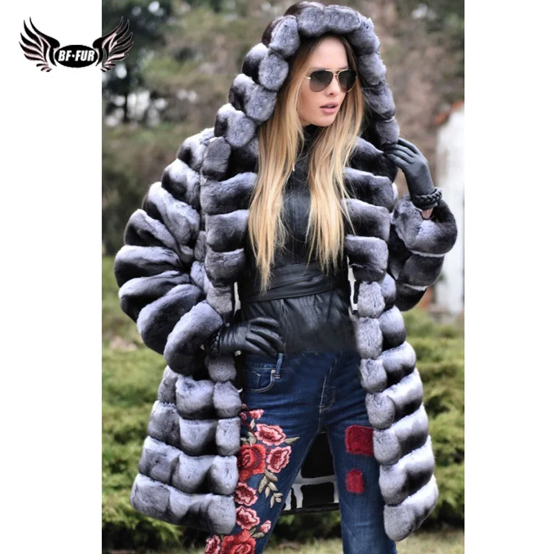 BFFUR Rex Rabbit Fur Chinchilla Color Womens Coats 2022 Winter Thick Warm Luxury Clothing With Hood Coats From Natural Fur