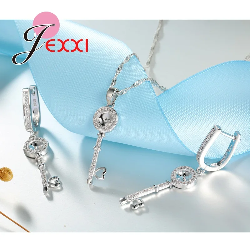 Серебряные серьги и ожерелье в виде ключа любви|jewelry sets|fine jewelryset for women |
