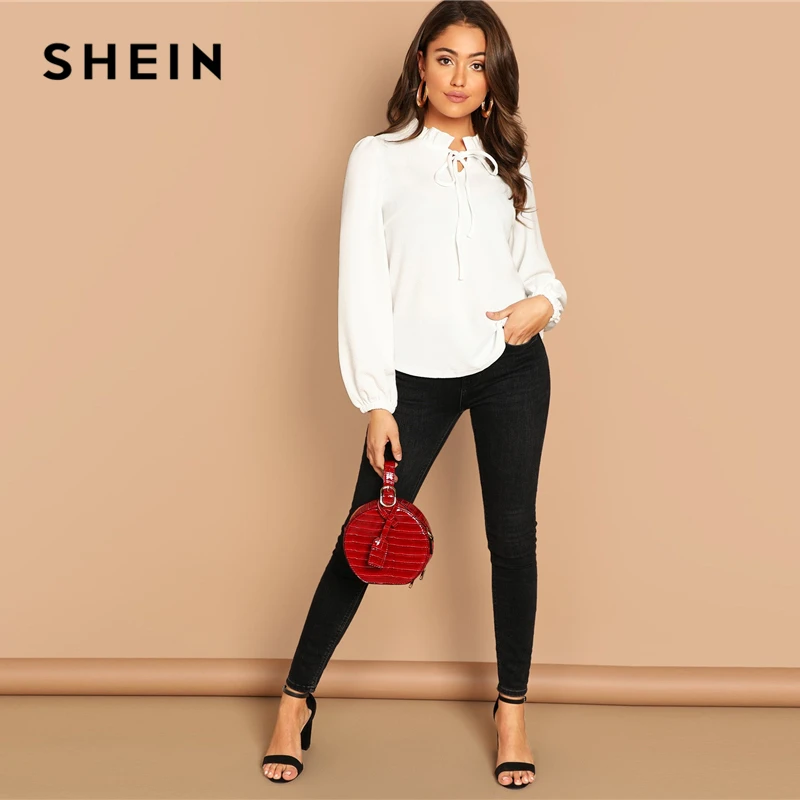 SHEIN Однотонная Нарядная Блузка С Длинным Рукавом, Элегантная Офисная Блуза С Оригинальным Воротником