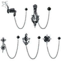 zs double piercing stud earrings with long chain mens dangle ear stud jewelry stainless steel earring for men cz jewellry 1 pcs