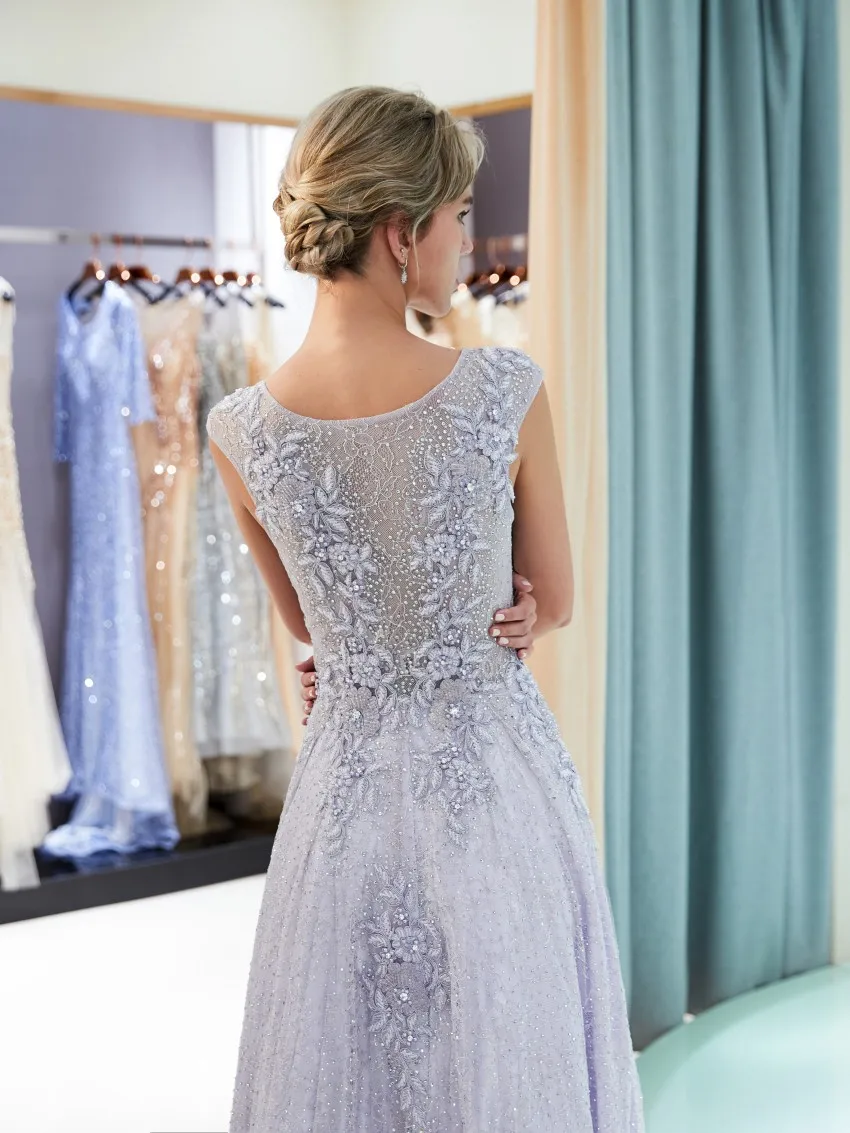 

Graceful Light Purple Evening Dresses Beading Sequined Lace Appliques Long Prom Dresses robe de soiree Formal Evening Gowns
