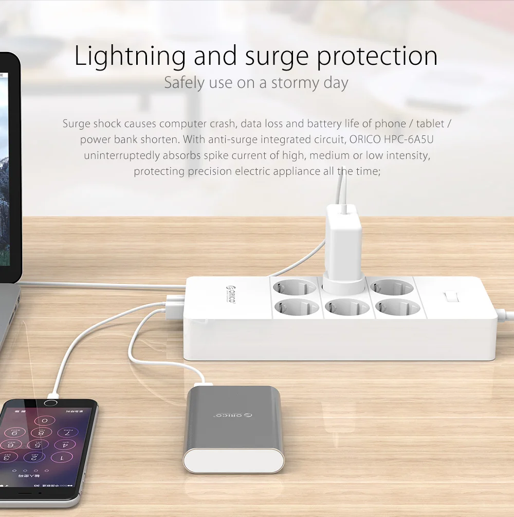 ORICO power Strip EU US UK Plug 6 Outlet сетевой фильтр EU power Strip с 5x2. 4A USB Супер зарядными портами-белый(HPC-V1