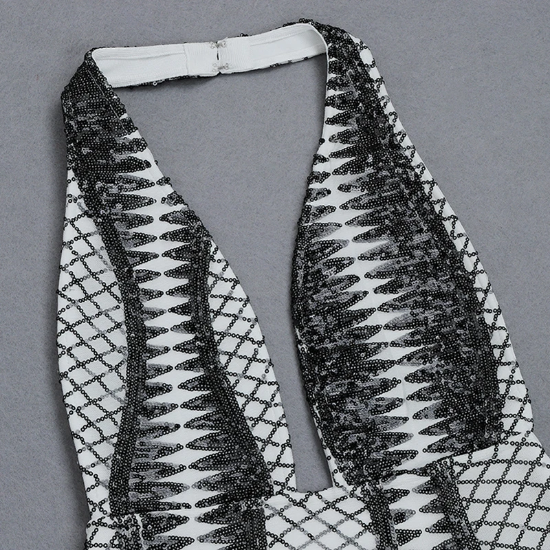 

Beateen 2019 New Vestidos Women Sexy Halter Deep V Neck Sleeveless Sequins Backless Geometric Fashion Party Bodycon Mini Dress